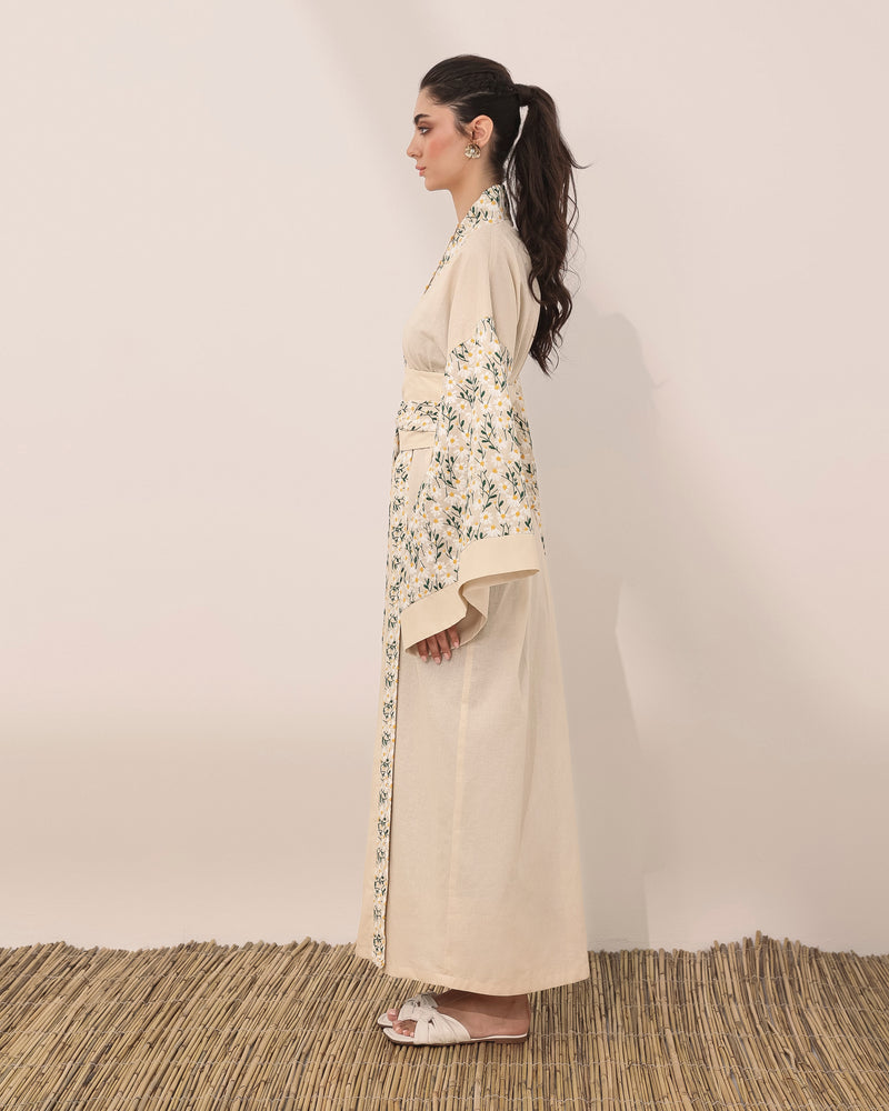 Kimono style linen abaya with daisy embroidered flowers