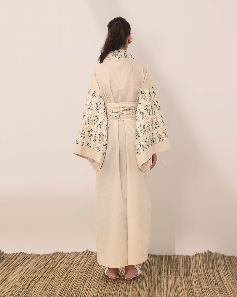 Kimono style linen abaya with daisy embroidered flowers