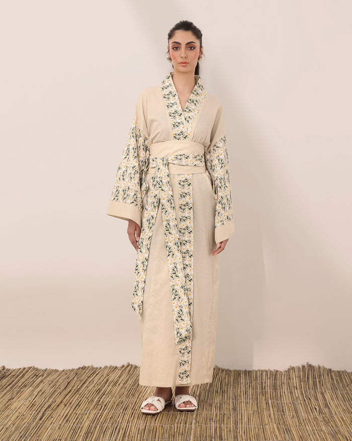 Kimono style linen abaya with daisy embroidered flowers