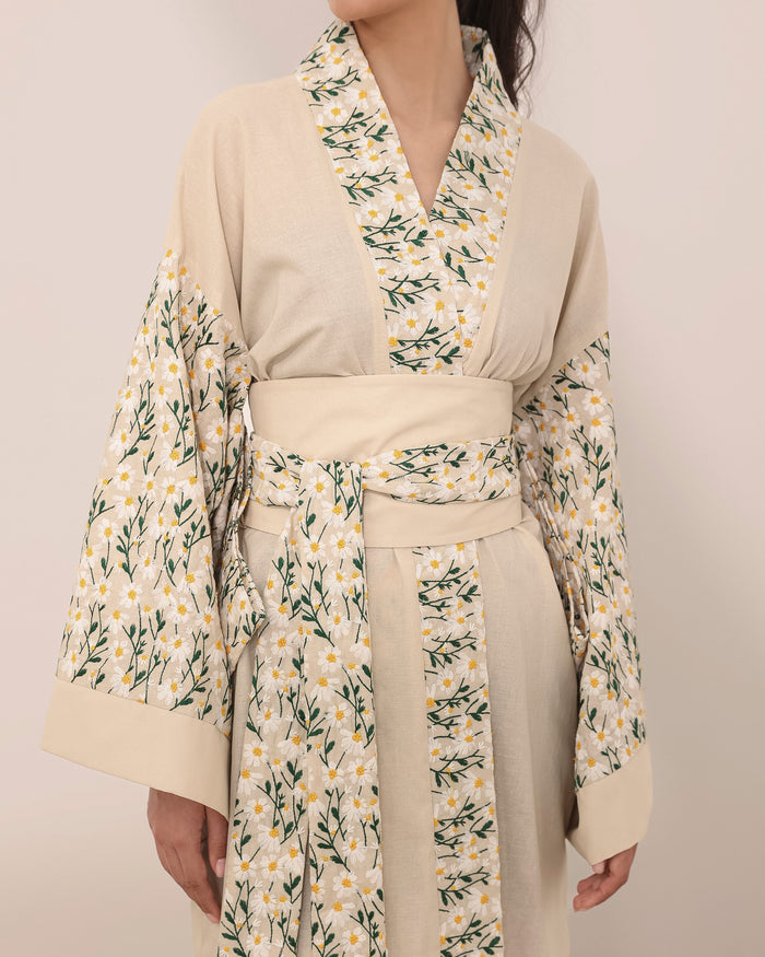 Kimono style linen abaya with daisy embroidered flowers