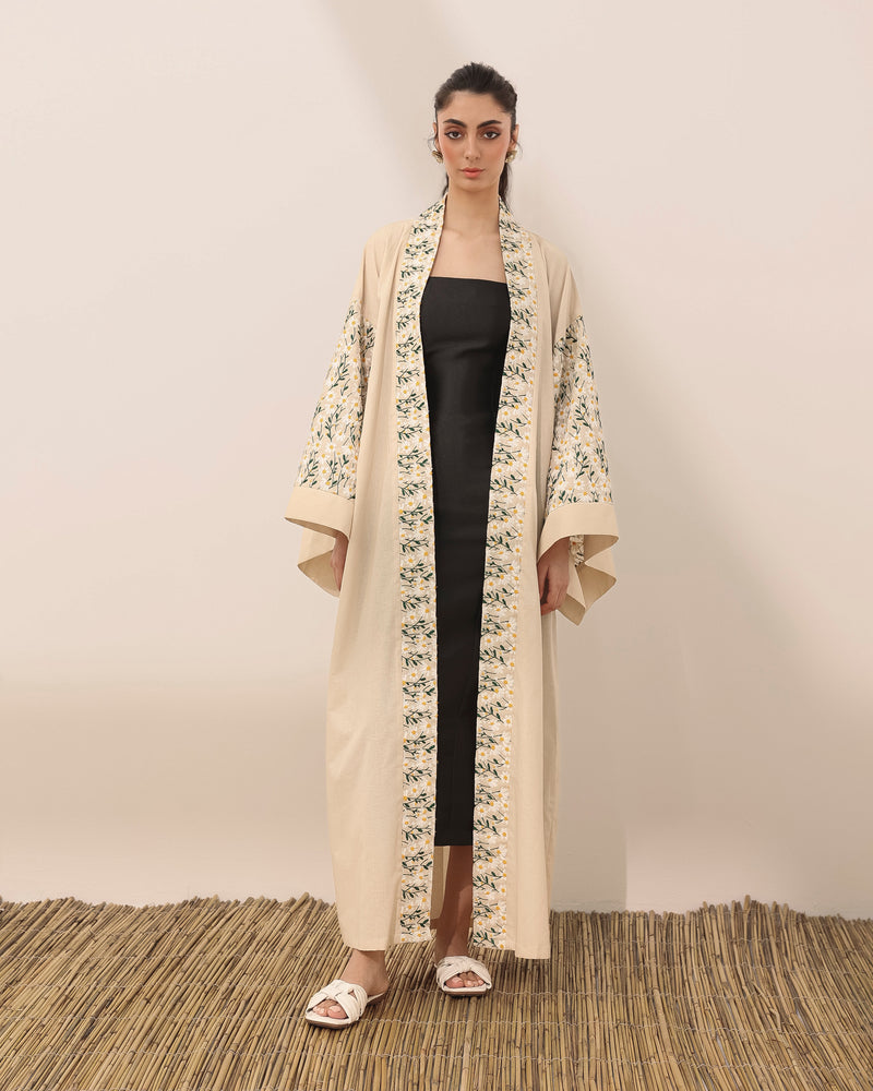 Kimono style linen abaya with daisy embroidered flowers