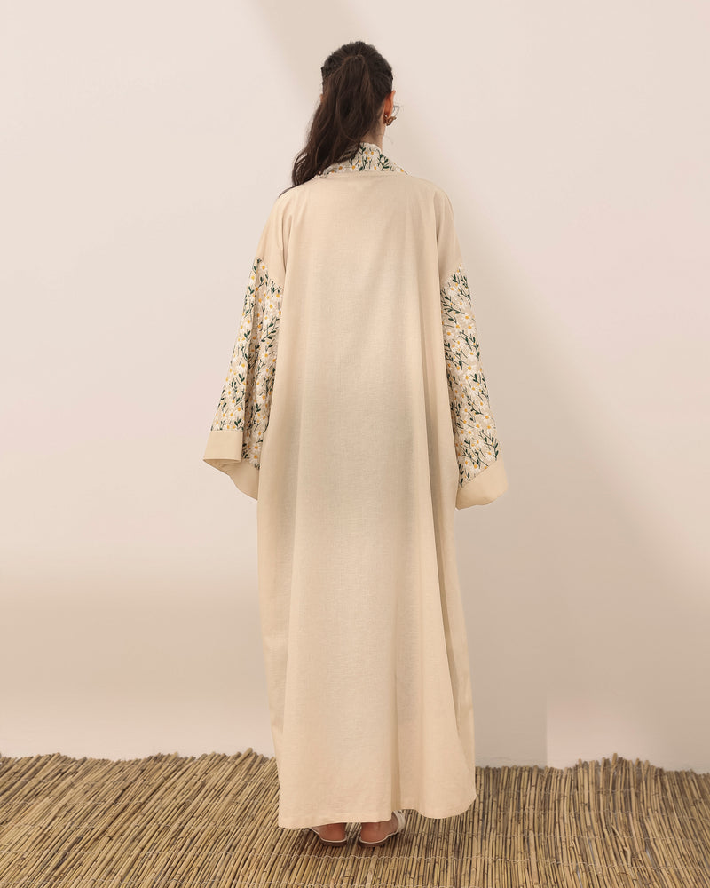 Kimono style linen abaya with daisy embroidered flowers
