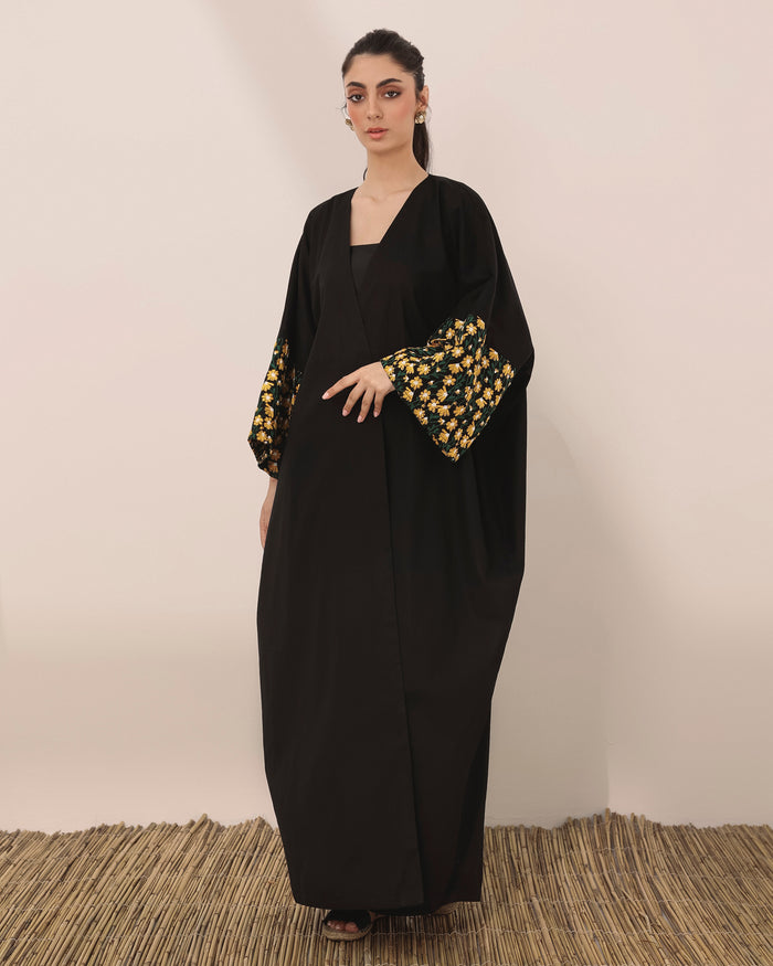 Semi mariposa linen abaya with embroidered daisy flowers cuff