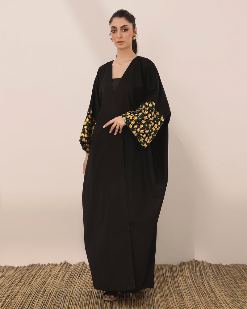 Semi mariposa linen abaya with embroidered daisy flowers cuff