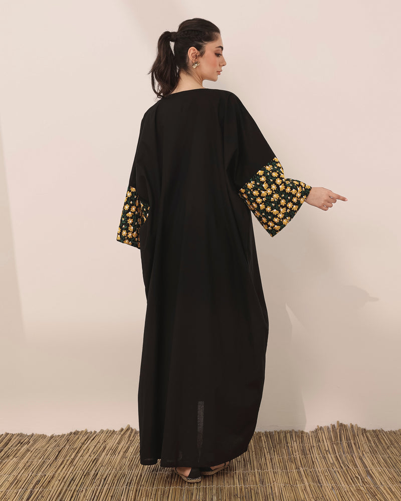 Semi mariposa linen abaya with embroidered daisy flowers cuff