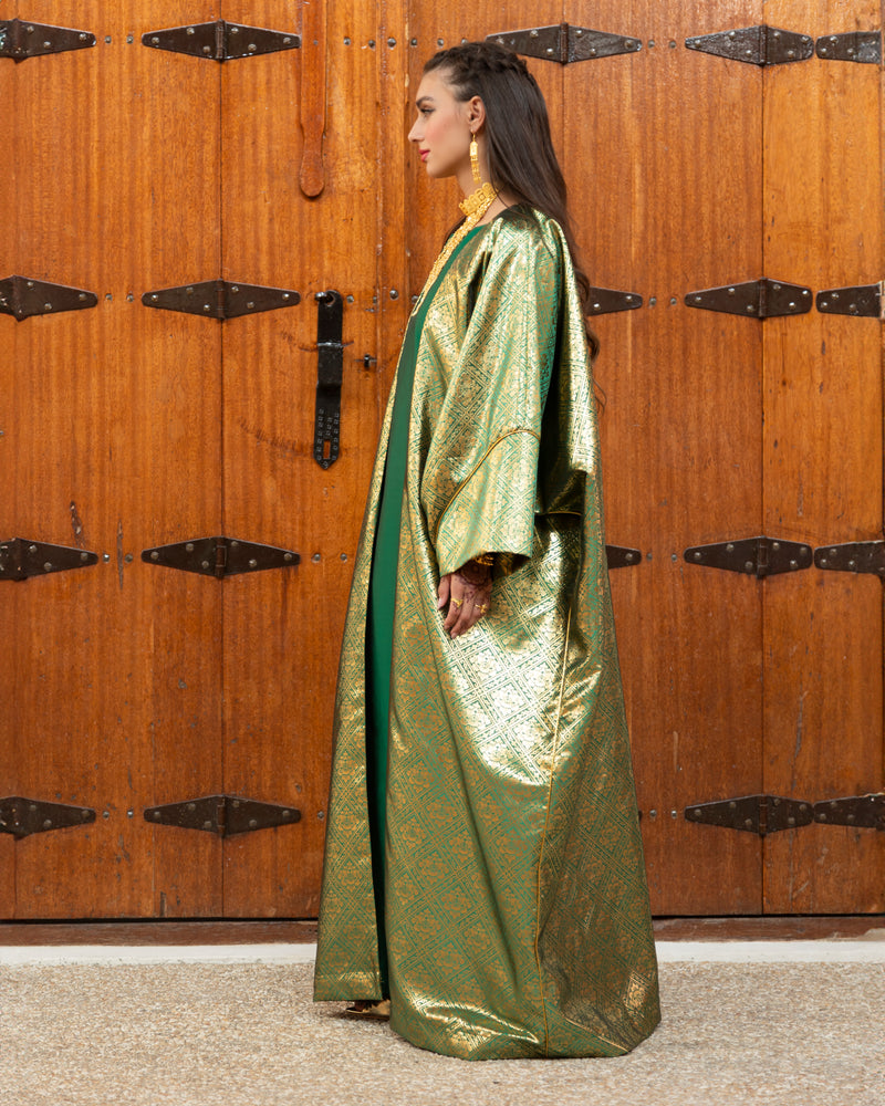 Shiny jacquard bisht with silk satin inner dress