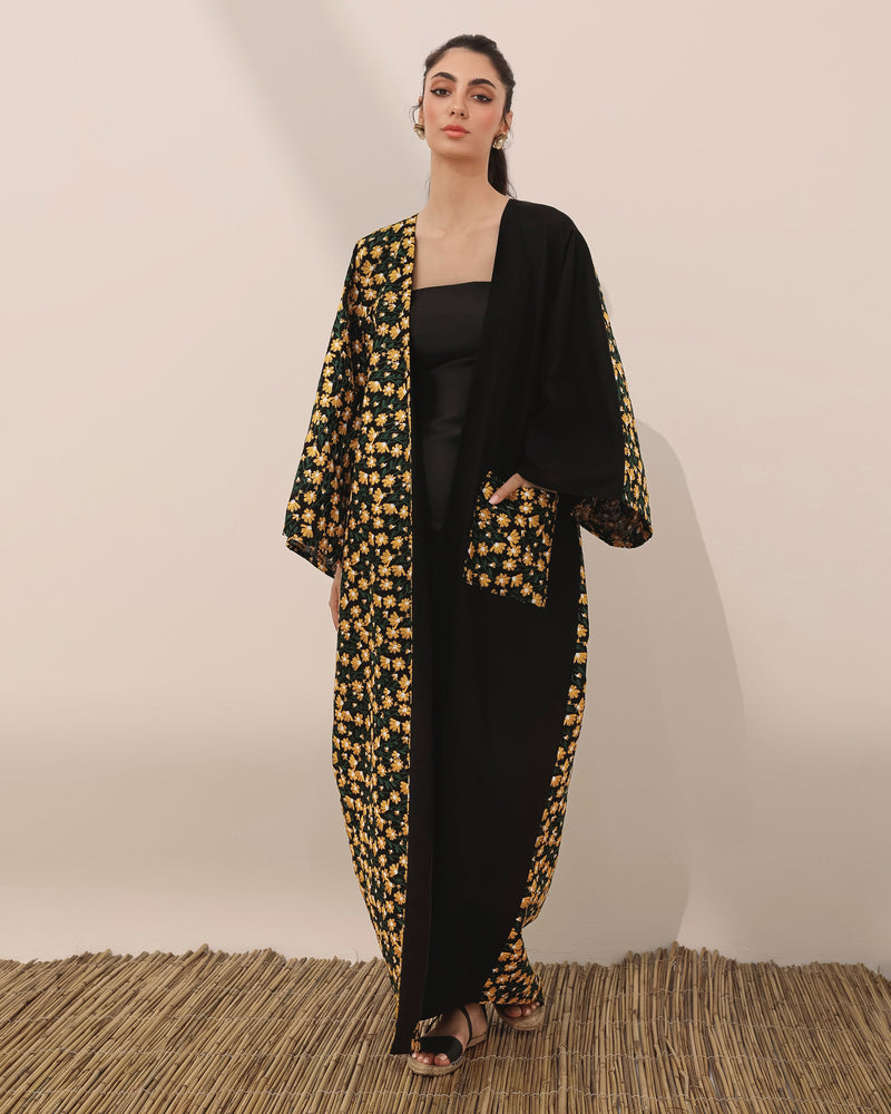 Classic T-cut abaya in linen w/ daisy embroidered flowers and pocket