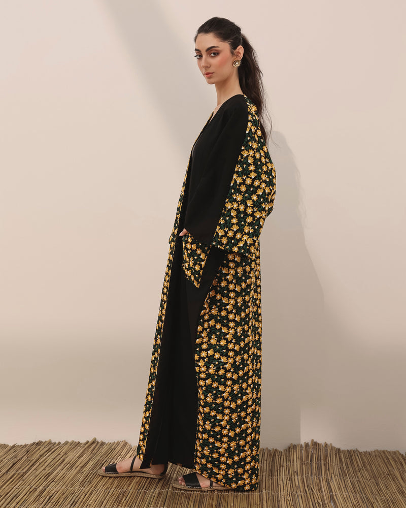 Classic T-cut abaya in linen w/ daisy embroidered flowers and pocket
