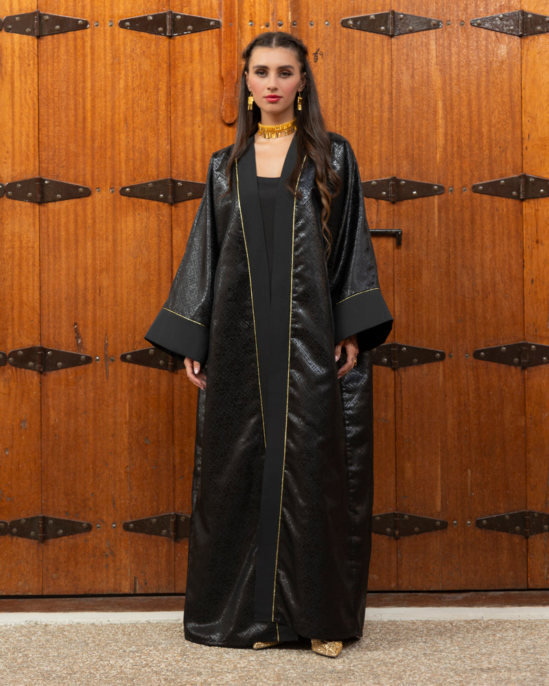 Shiny jacquard abaya with tafetta cuff and edges