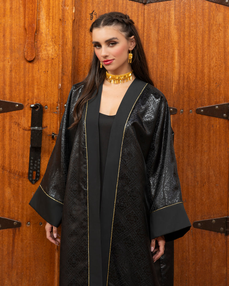 Shiny jacquard abaya with tafetta cuff and edges
