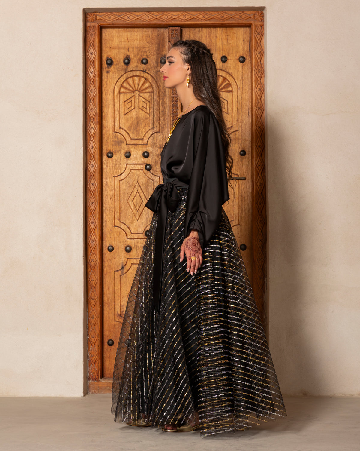 Silk satin top with pleated cuff
