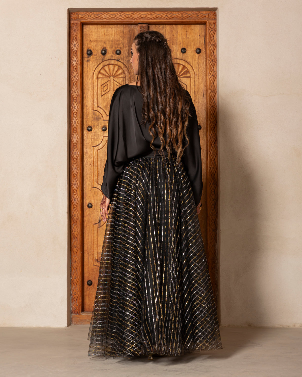 Silk satin top with pleated cuff