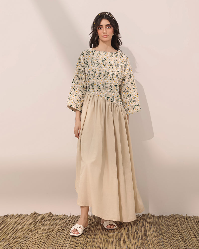 Embroidered daisy flowers linen kaftan w/ asymmetrical gathered waistline
