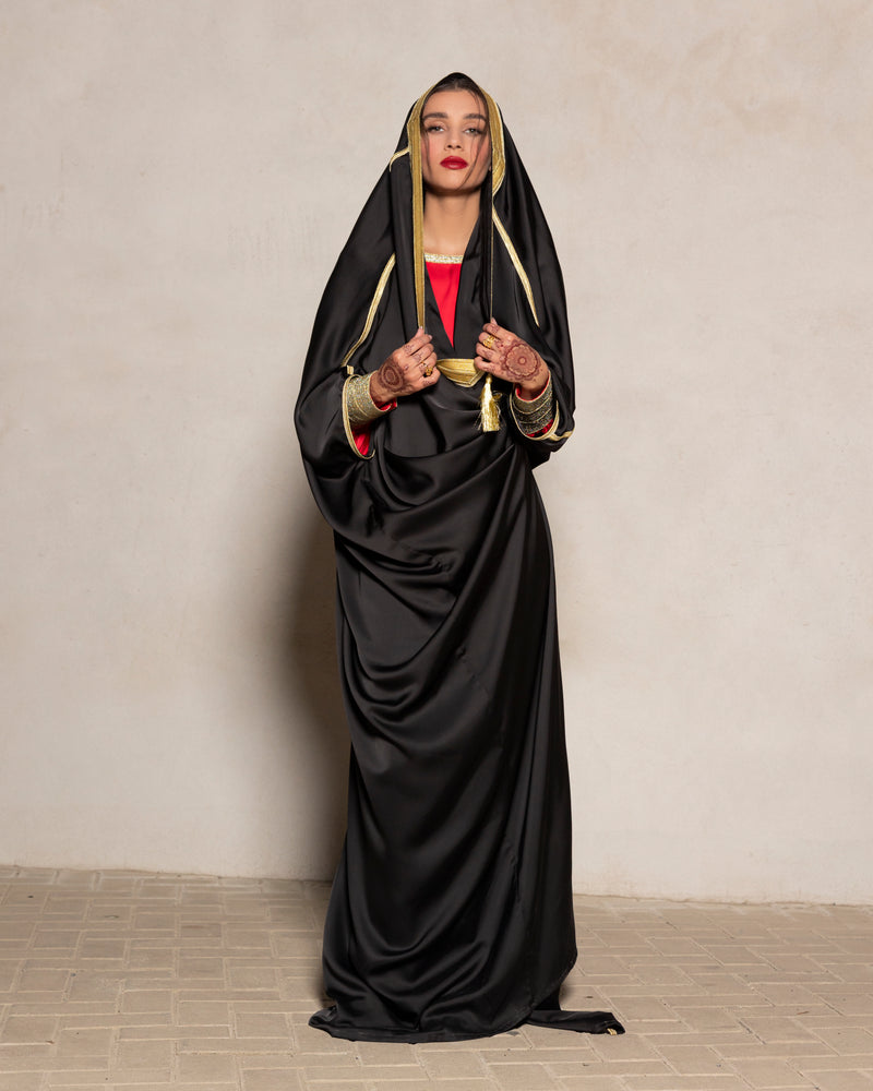 Silk satin abaya bisht style with gold trimmings & tassels