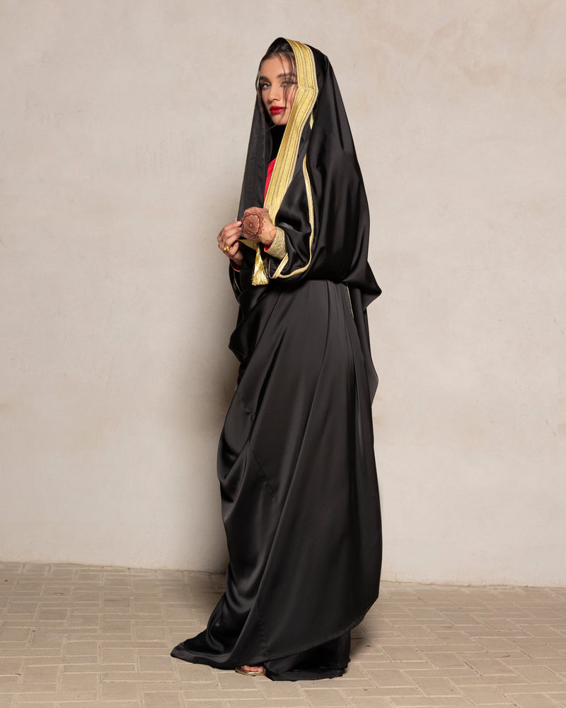 Silk satin abaya bisht style with gold trimmings & tassels