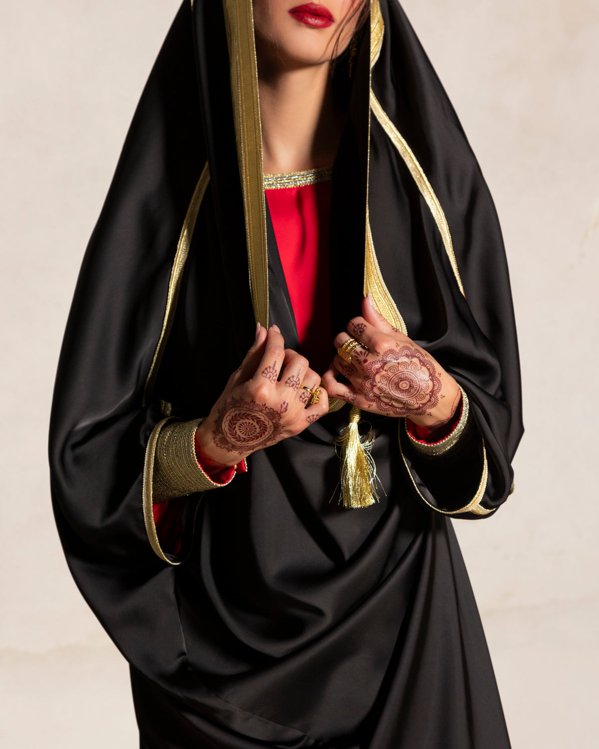 Silk satin abaya bisht style with gold trimmings & tassels