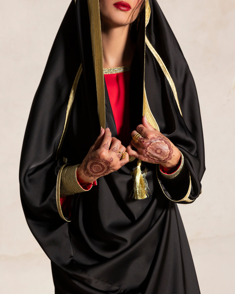 Silk satin abaya bisht style with gold trimmings & tassels