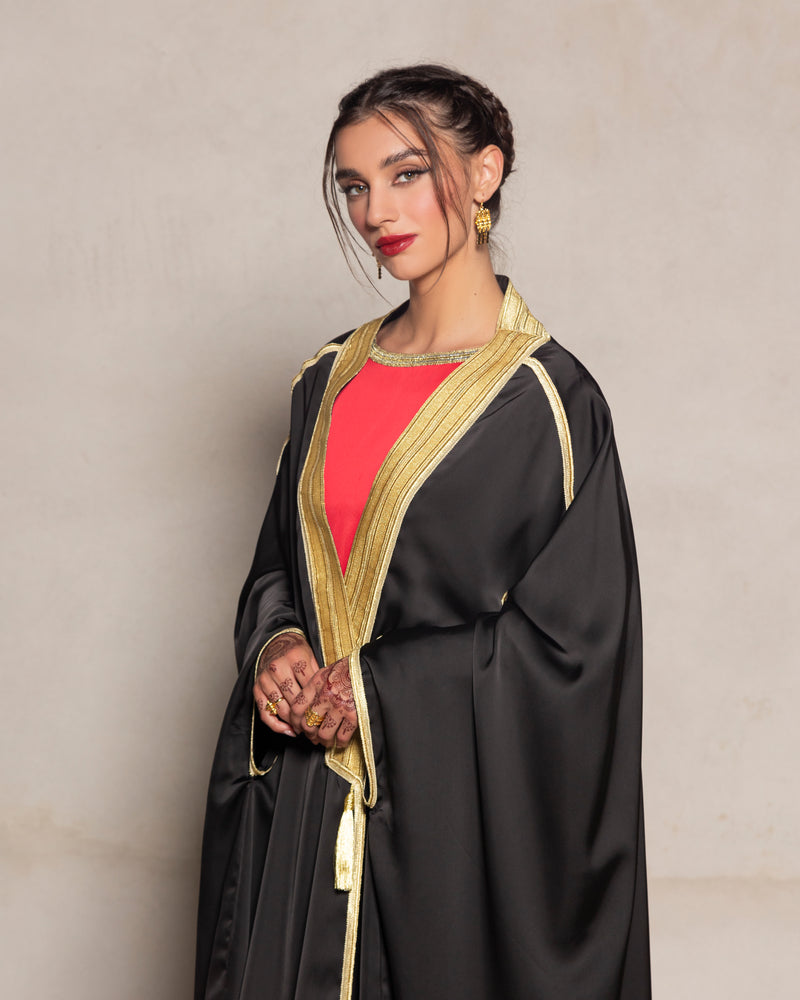 Silk satin abaya bisht style with gold trimmings & tassels