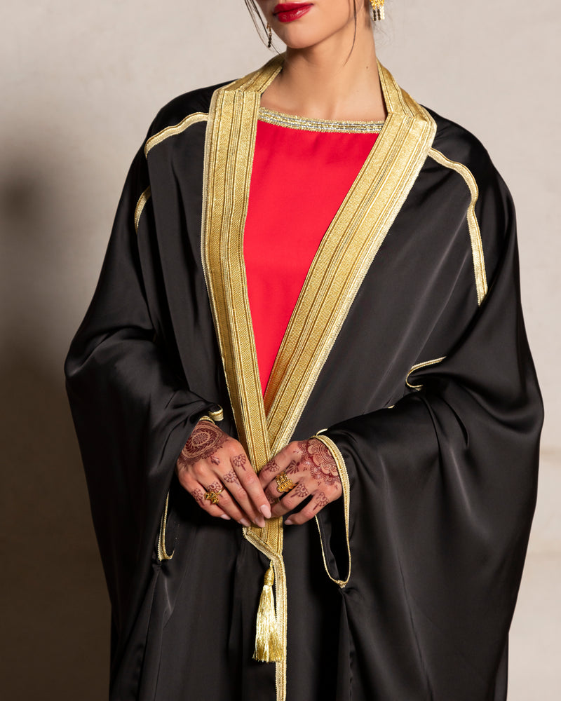 Silk satin abaya bisht style with gold trimmings & tassels