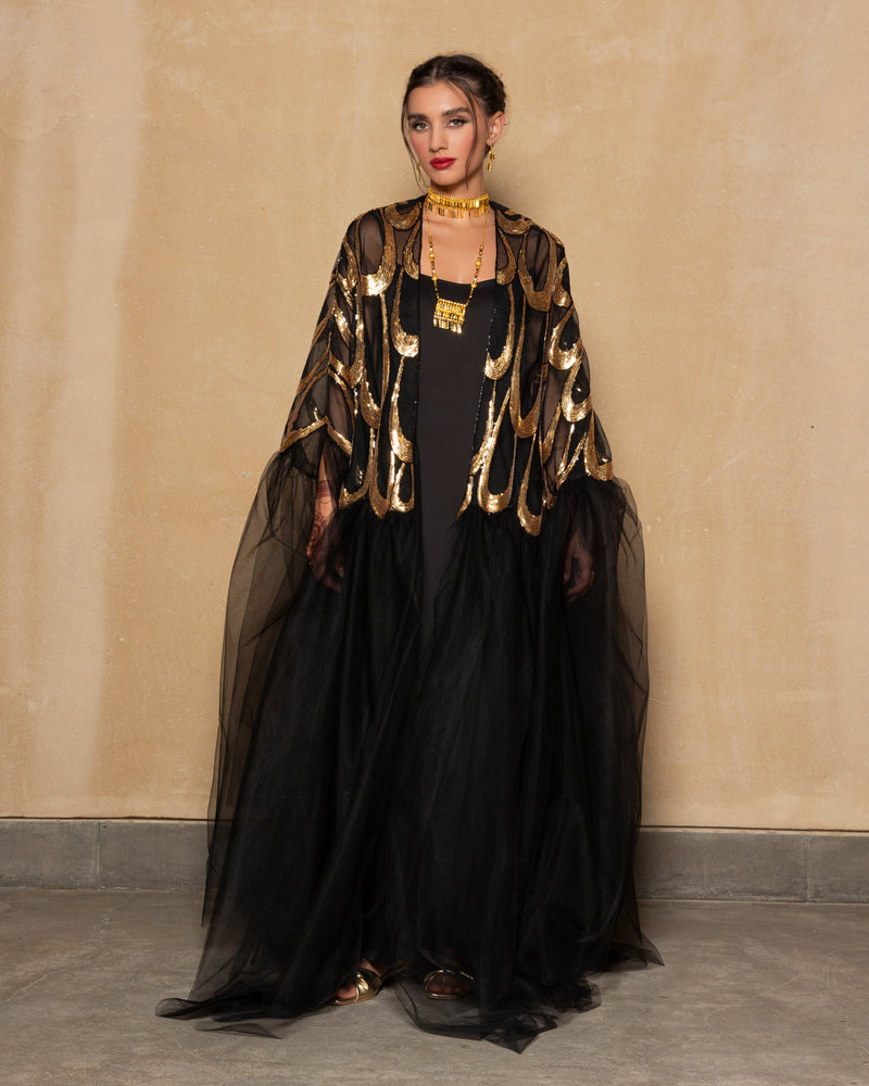 Embroidered tulle abaya in gold + black with cape sillhoute