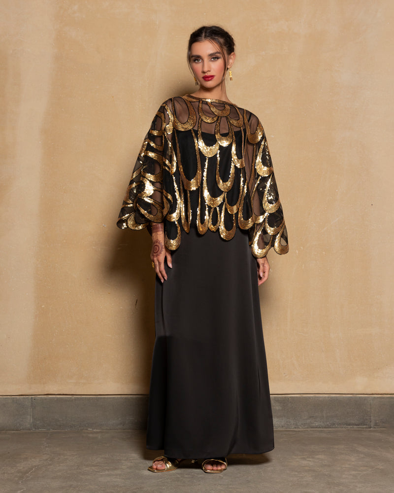 Two-piece set embroidered poncho with inner silk dress