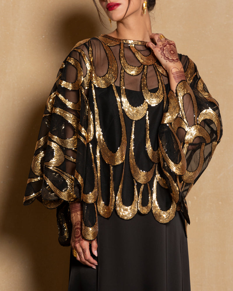 Two-piece set embroidered poncho with inner silk dress