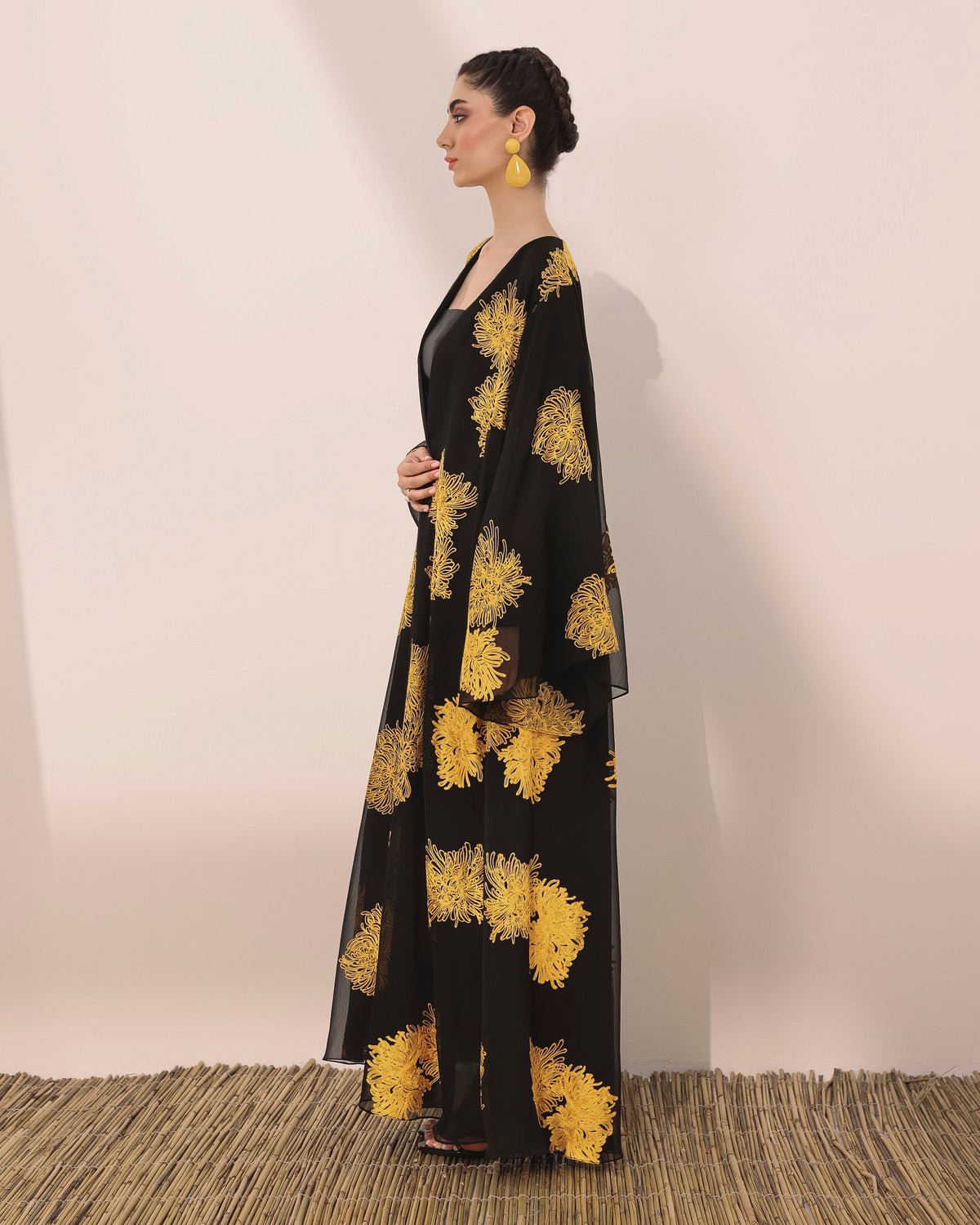 Mums flower printed wrinkled chiffon classic flowy abaya