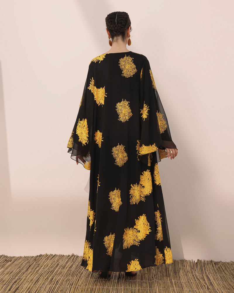 Mums flower printed wrinkled chiffon classic flowy abaya