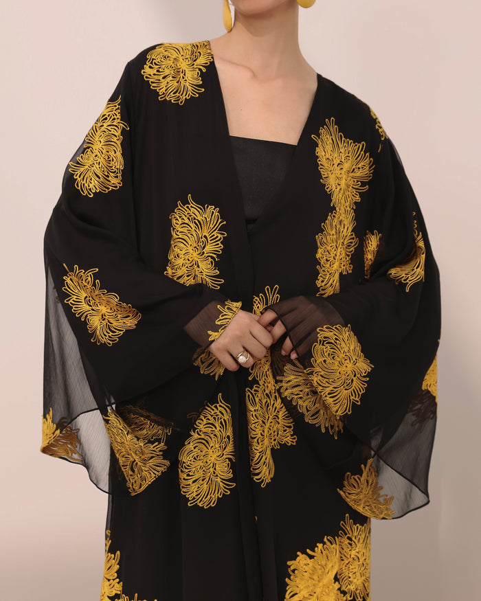 Mums flower printed wrinkled chiffon classic flowy abaya