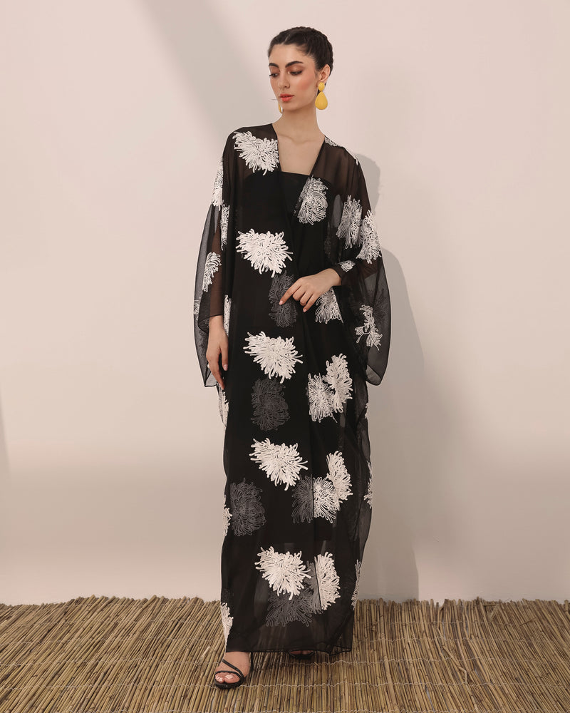 Mums flower printed wrinkled chiffon T cut abaya