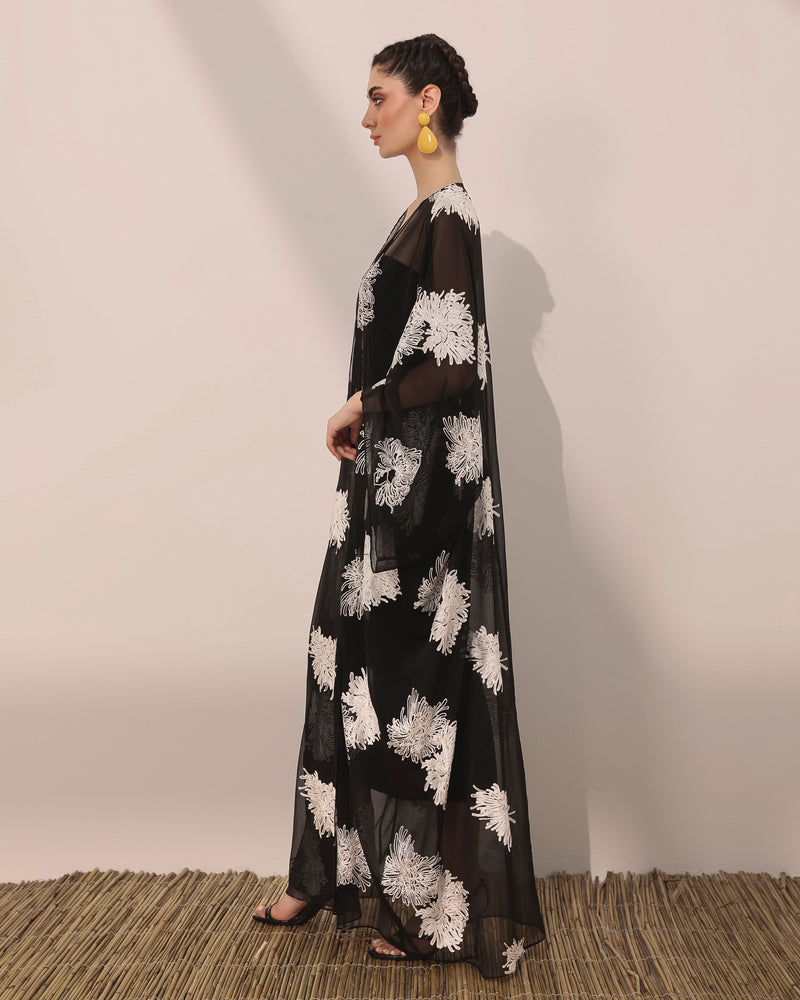 Mums flower printed wrinkled chiffon T cut abaya