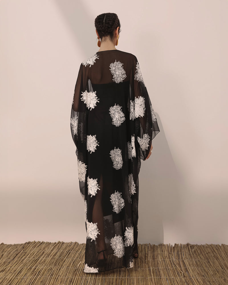 Mums flower printed wrinkled chiffon T cut abaya
