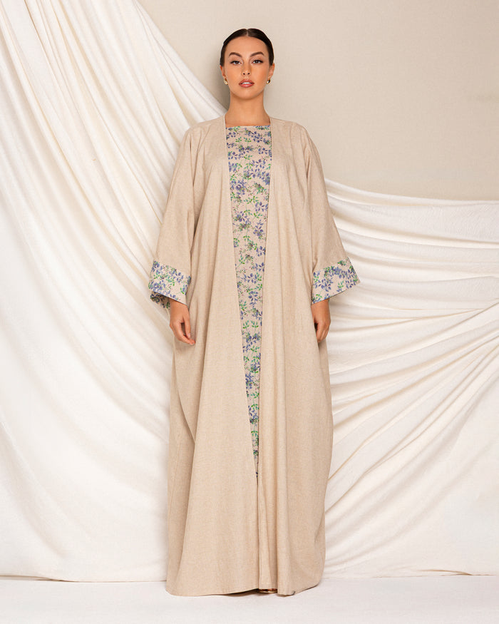 Classic linen abaya with floral printed cuff