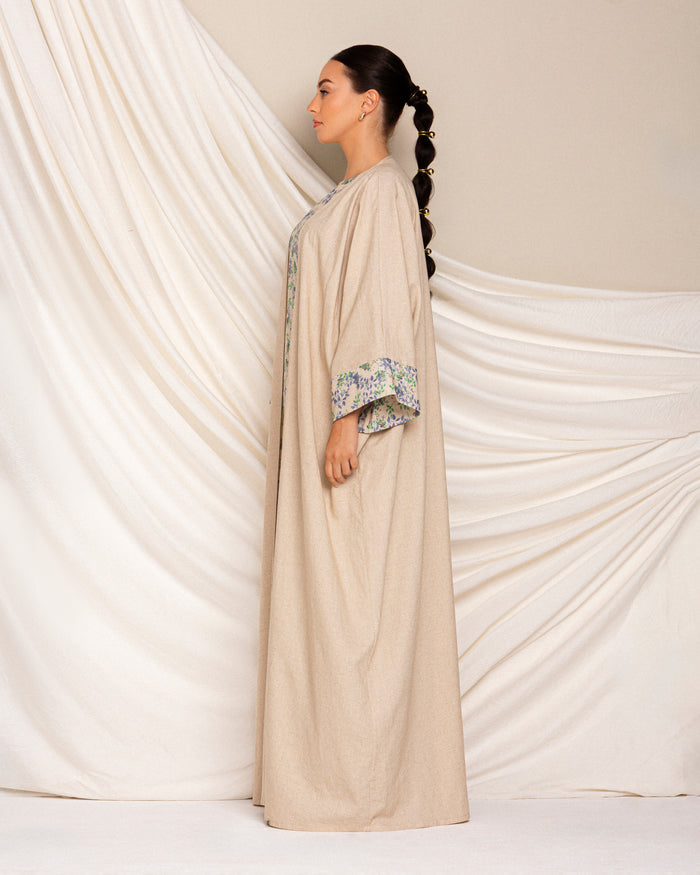 Classic linen abaya with floral printed cuff