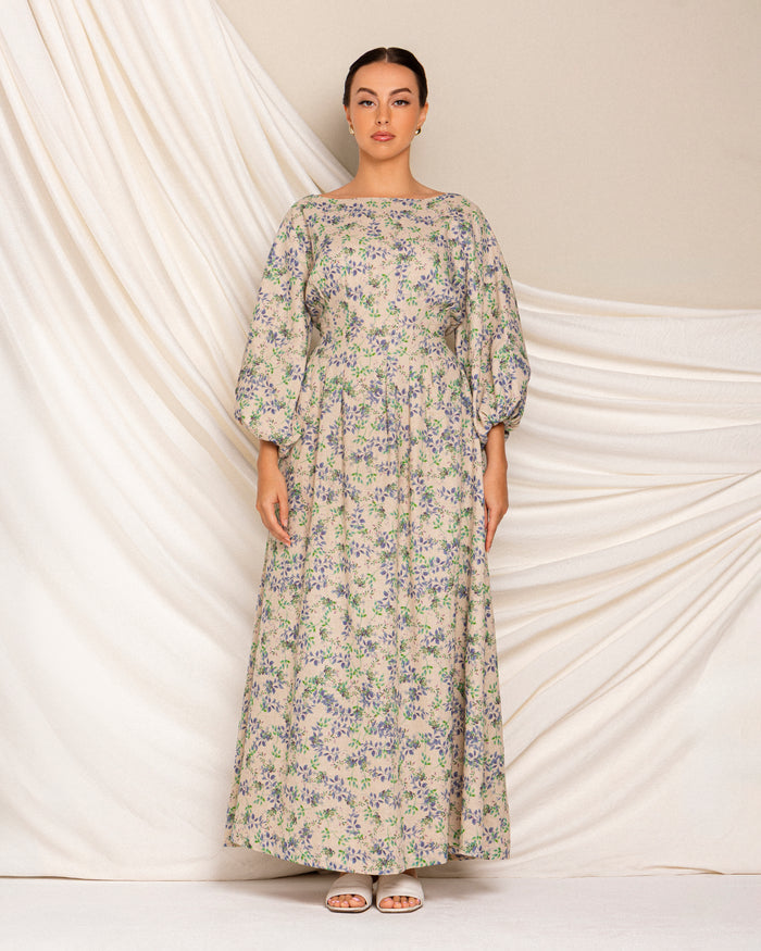 Printed linen dress with cinched waist and adjustable belt