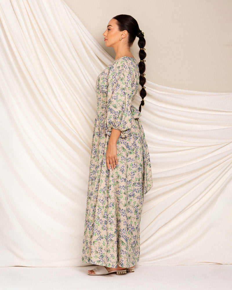 Printed linen dress with cinched waist and adjustable belt