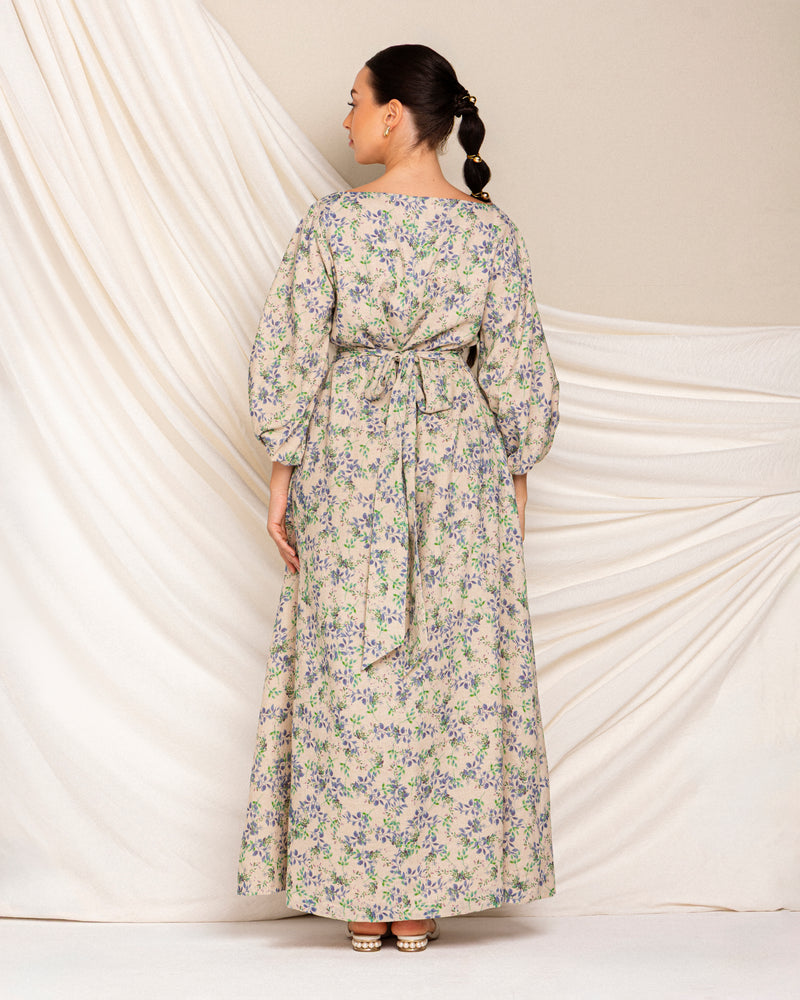 Printed linen dress with cinched waist and adjustable belt
