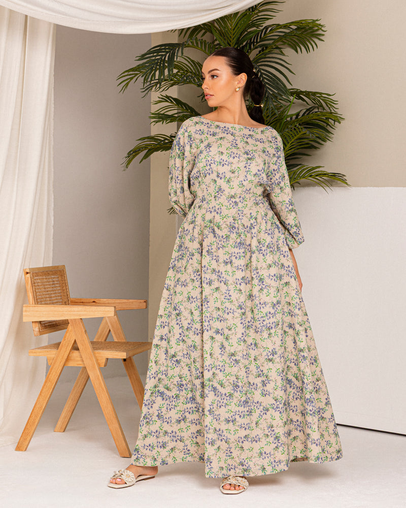Printed linen dress with cinched waist and adjustable belt