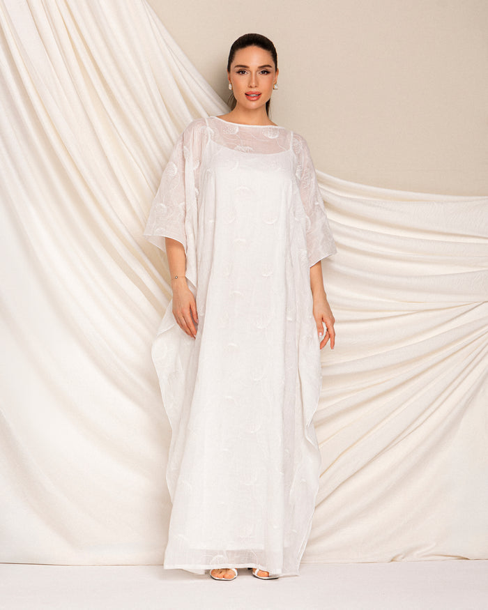 Embroidered linen kaftan with inner dress