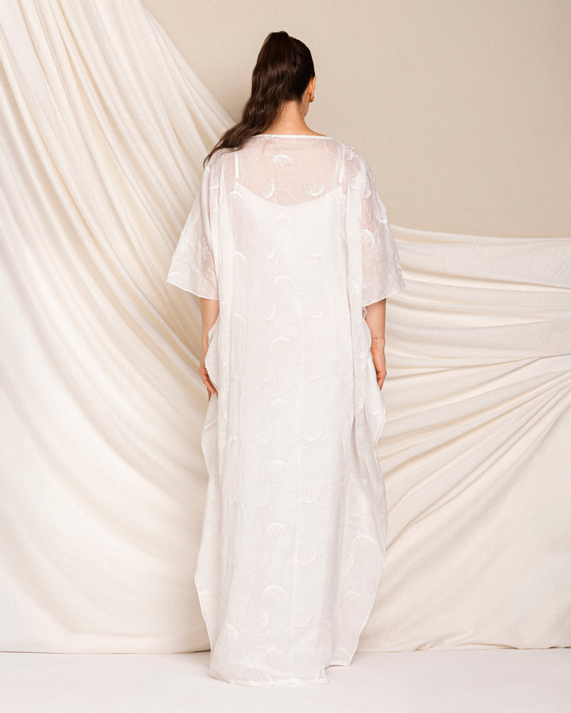 Embroidered linen kaftan with inner dress