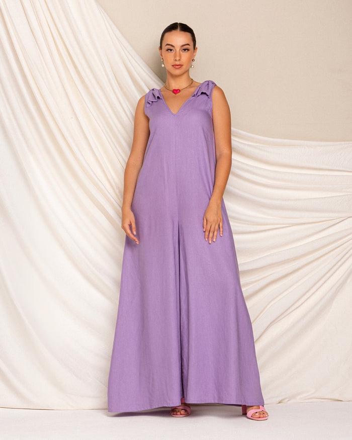 Sleeveless linen jumpsuit with bow on shoulder