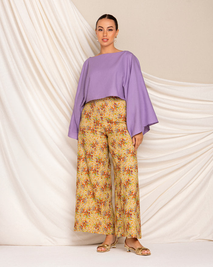 Wide legged printed floral linen pants