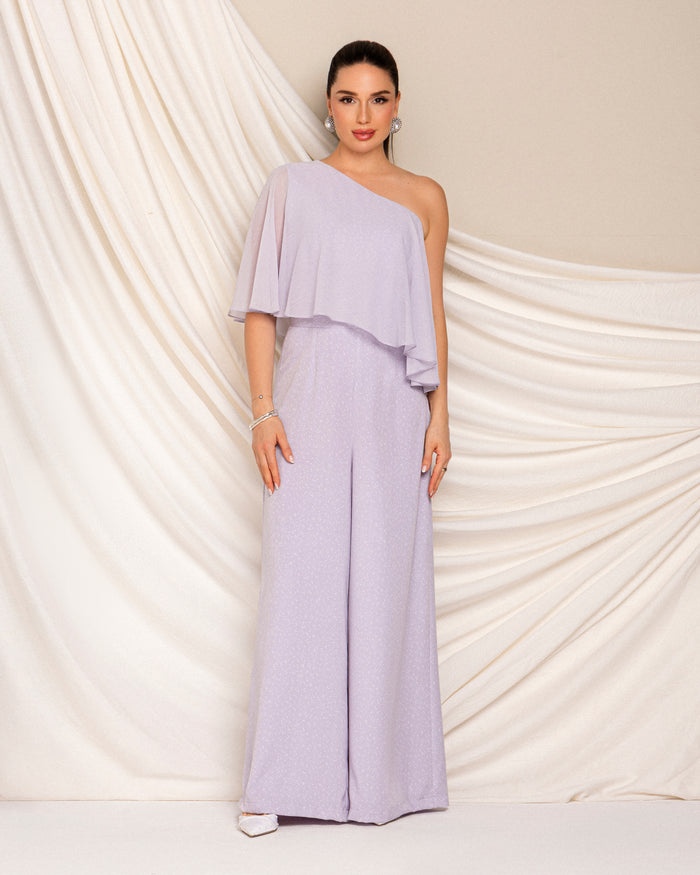 One shoulder crepe with chiffon jumpsuit