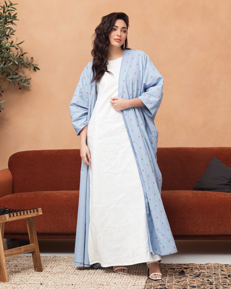 Classic white linen abaya with floral print