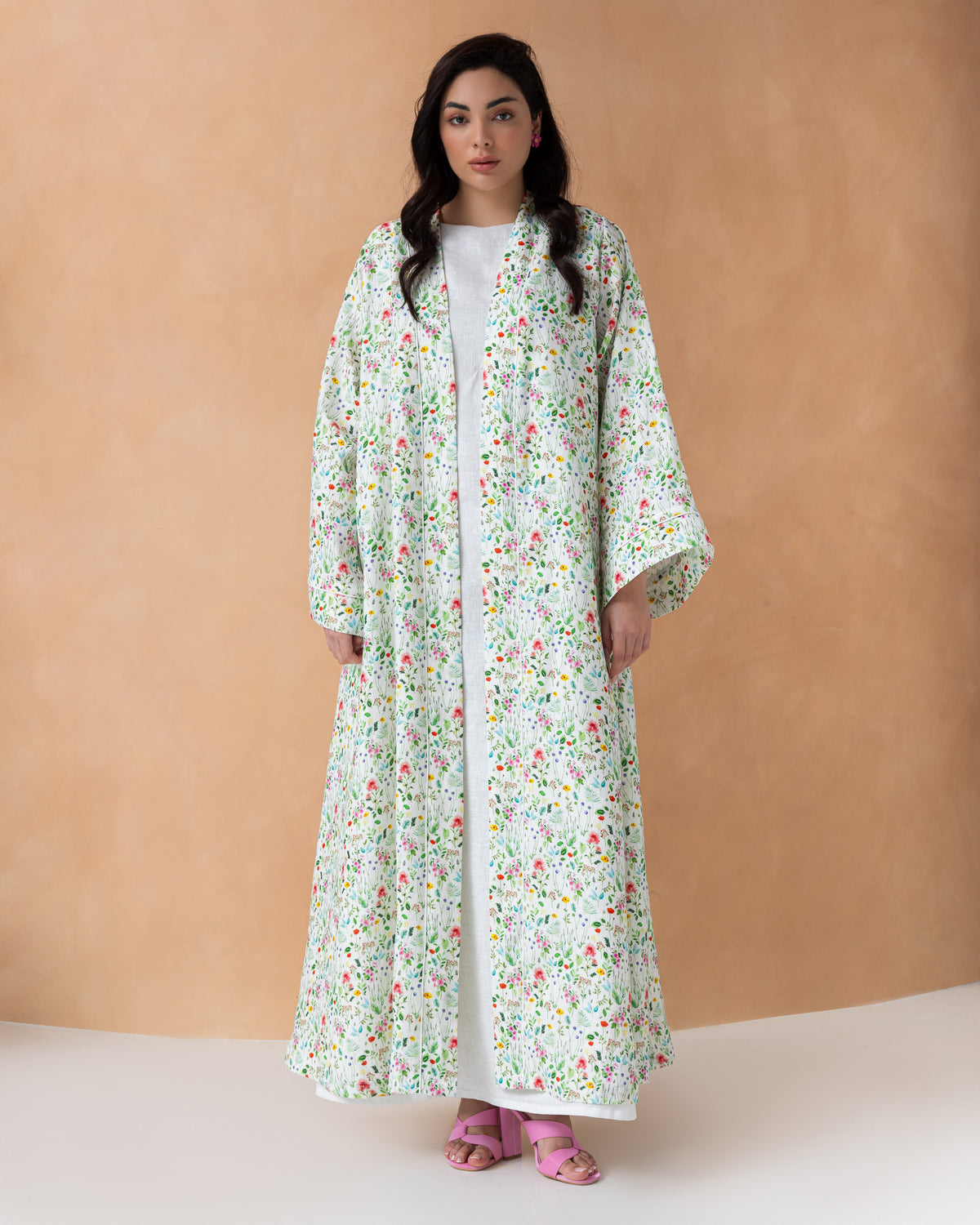 Classic white linen abaya with floral print