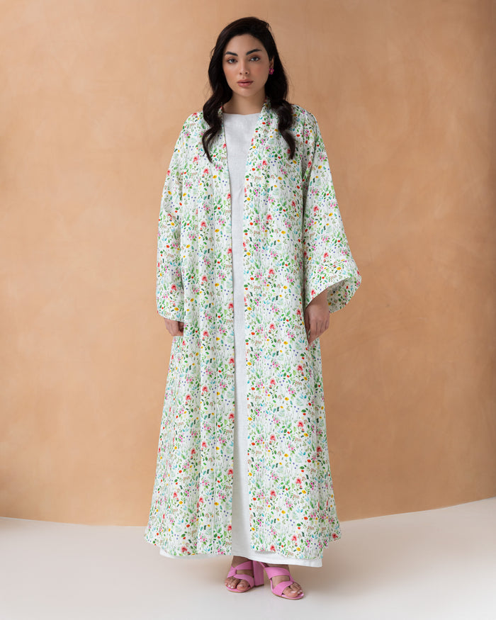 Classic white linen abaya with floral print