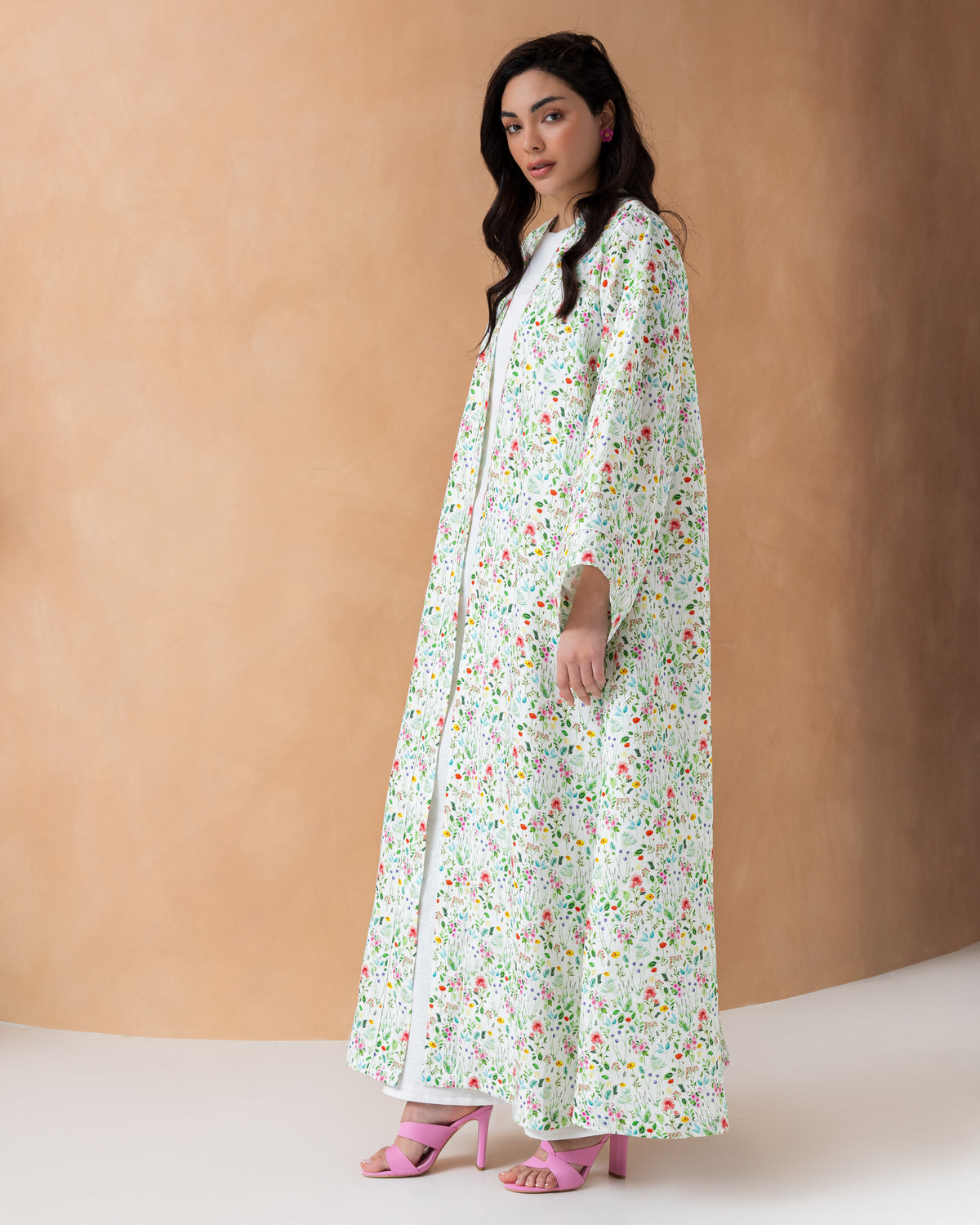 Classic white linen abaya with floral print
