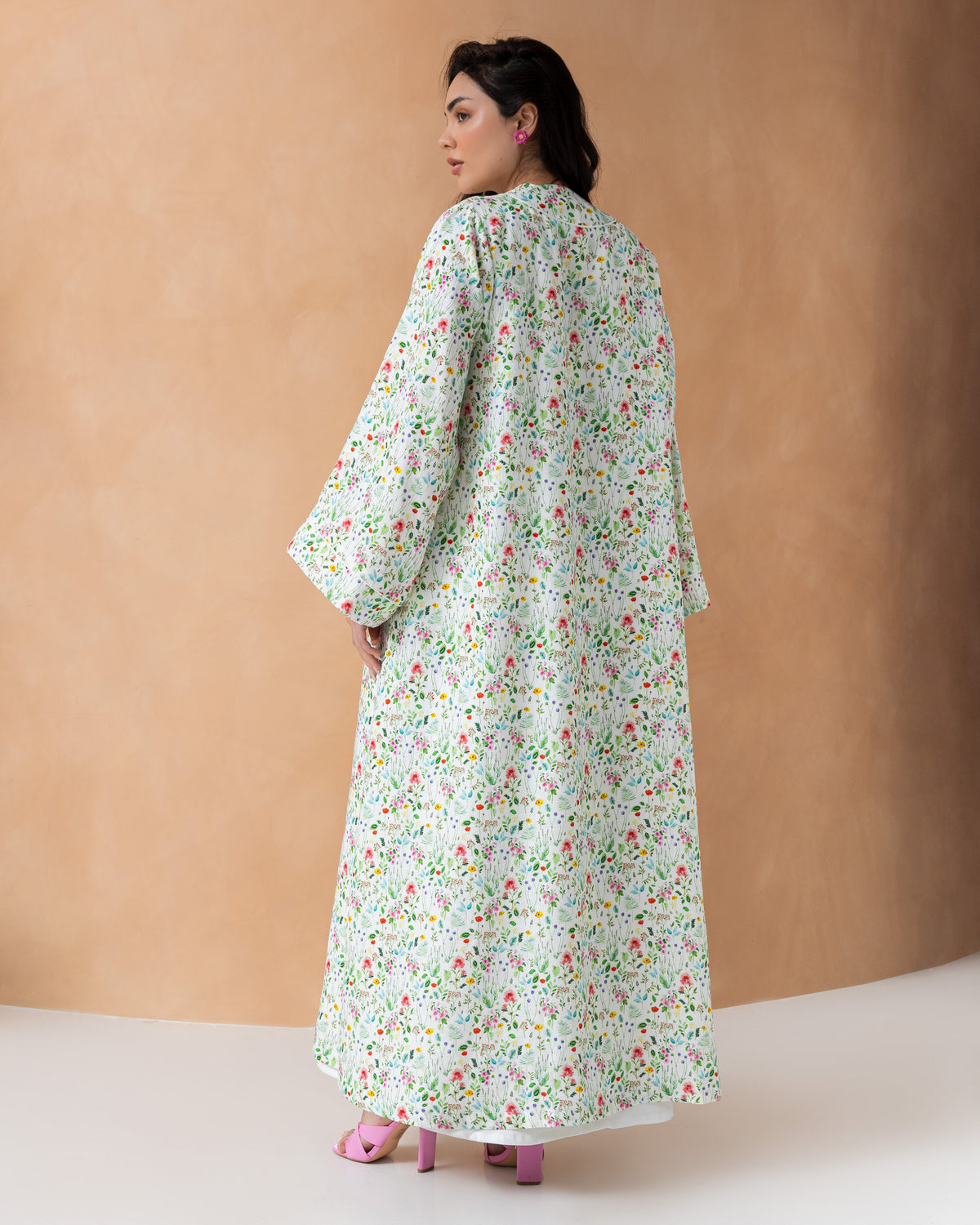 Classic white linen abaya with floral print