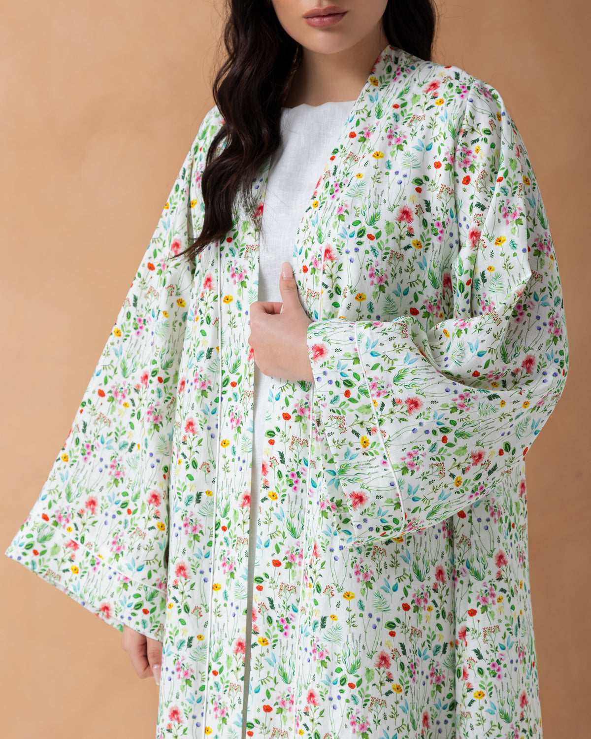 Classic white linen abaya with floral print