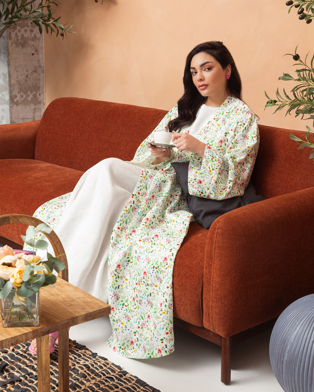 Classic white linen abaya with floral print